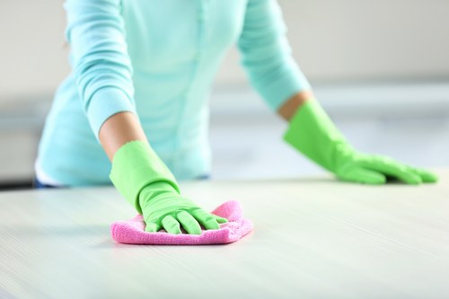 Local cleaning team servicing a Greenwich building entrance and hallway